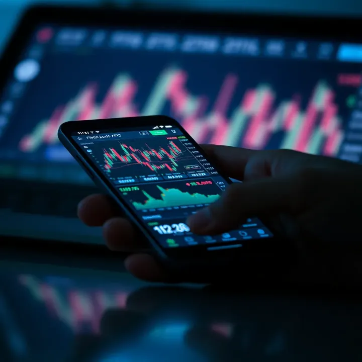 Mobile device displaying financial trading charts and graphs with digital icons representing market trends