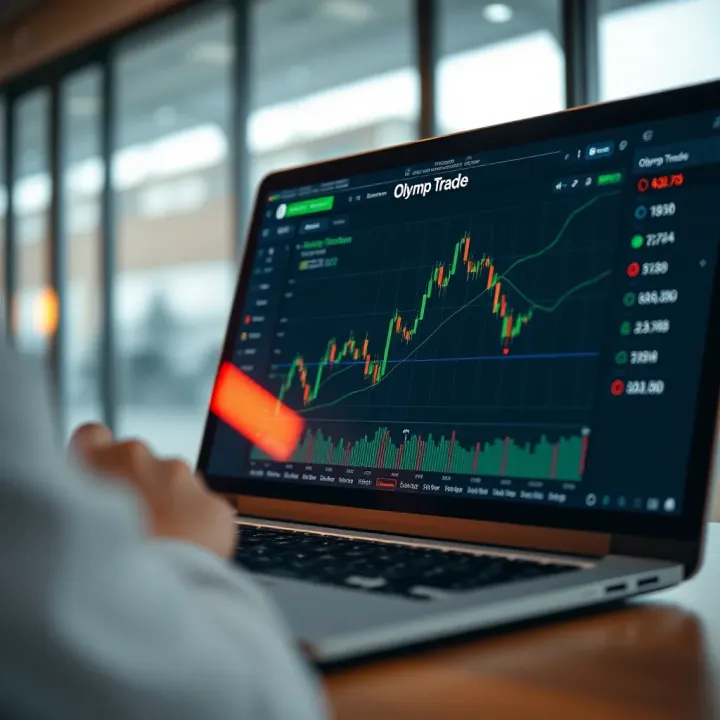 Close-up of a laptop screen showing the Olymp Trade platform dashboard with trading charts and options