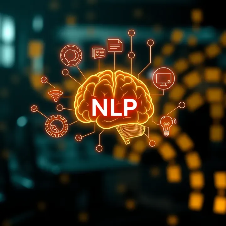 Illustration showing the connection between brain and communication symbols representing NLP concepts