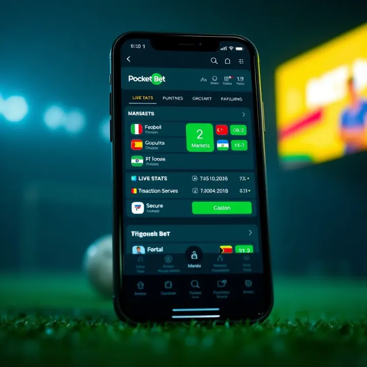 User interface of Pocket Bet showing betting markets, live stats, and secure transaction options