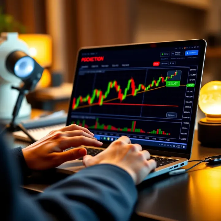 User interacting with Pocket Option application on a laptop showing trading charts and options