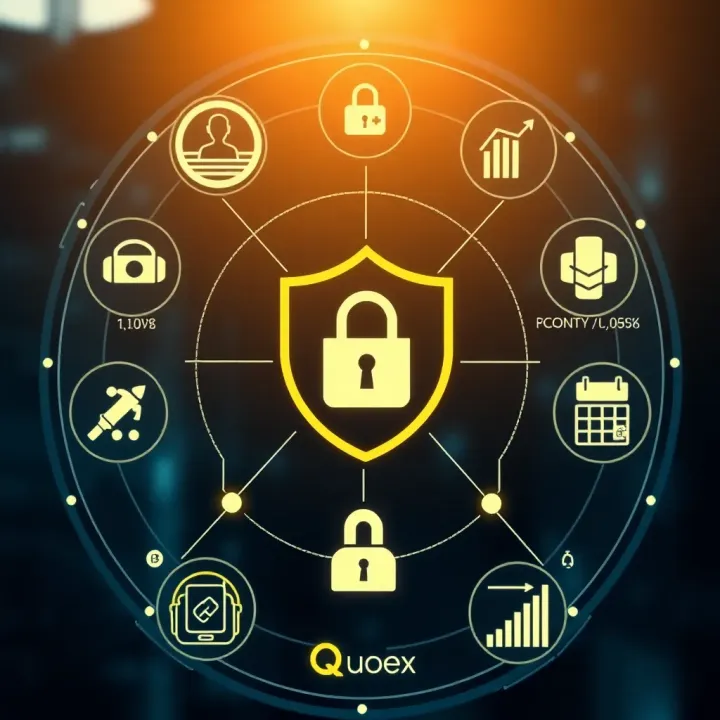 Illustration of security features and regulatory compliance symbols associated with Quoex exchange