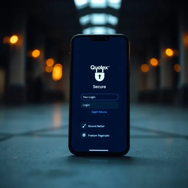 Secure login screen of the Quotex app showing authentication features