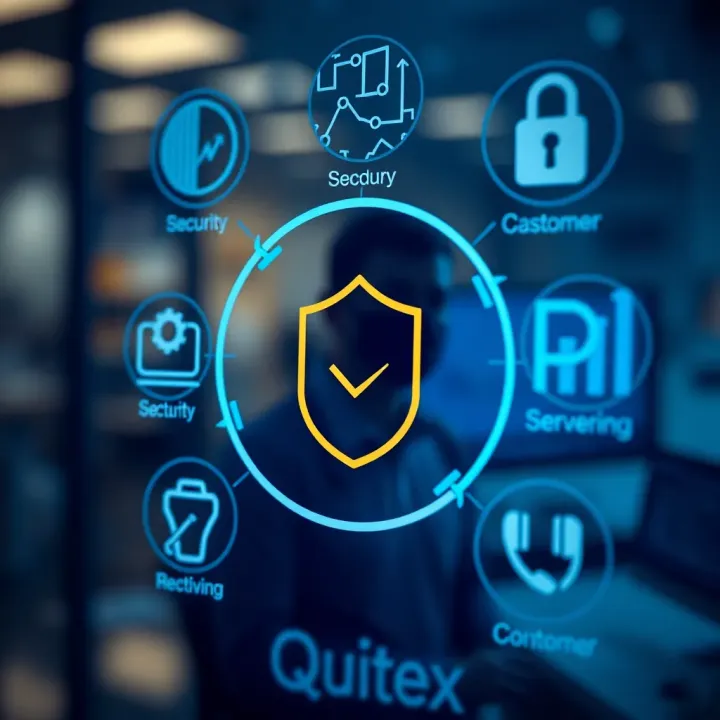 Icons representing security measures and customer support services used by Quotex broker
