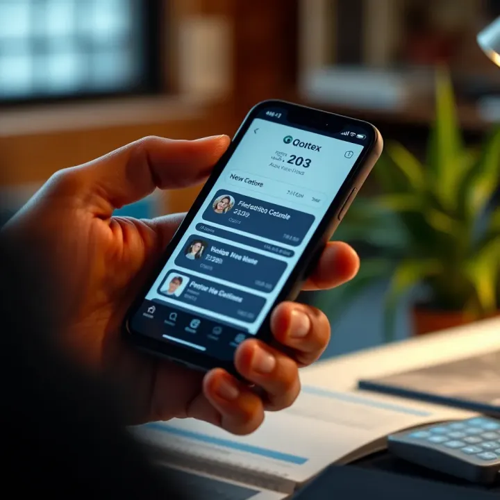 Smartphone screen showing key features of the Quotex application