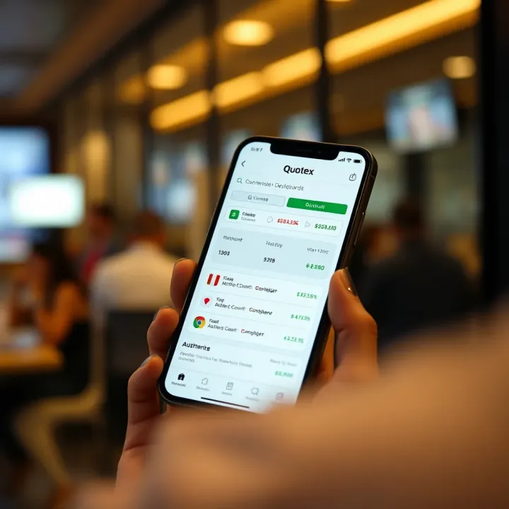 Mobile phone displaying Quotex app showing trading options and account dashboard