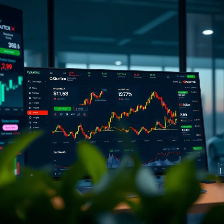 Dashboard interface of Quotex trading platform showcasing various financial instruments and real-time market data