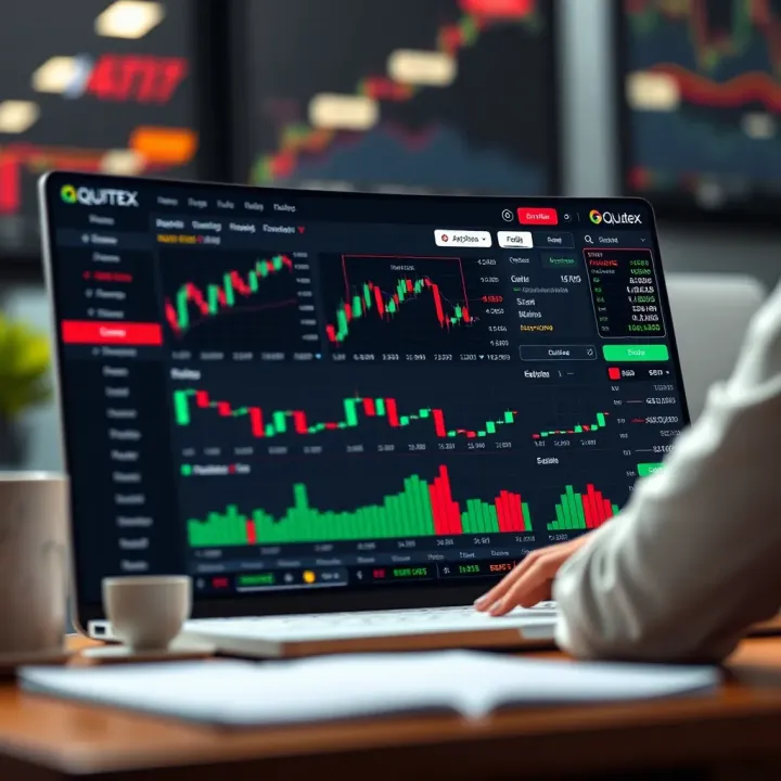 User interface of Quotex trading platform showing various financial instruments and trading options
