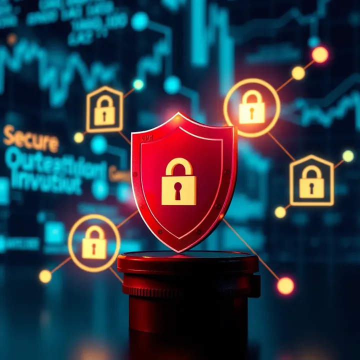 Visual representation of online security with shield icons and secure connection symbols overlaying a digital background