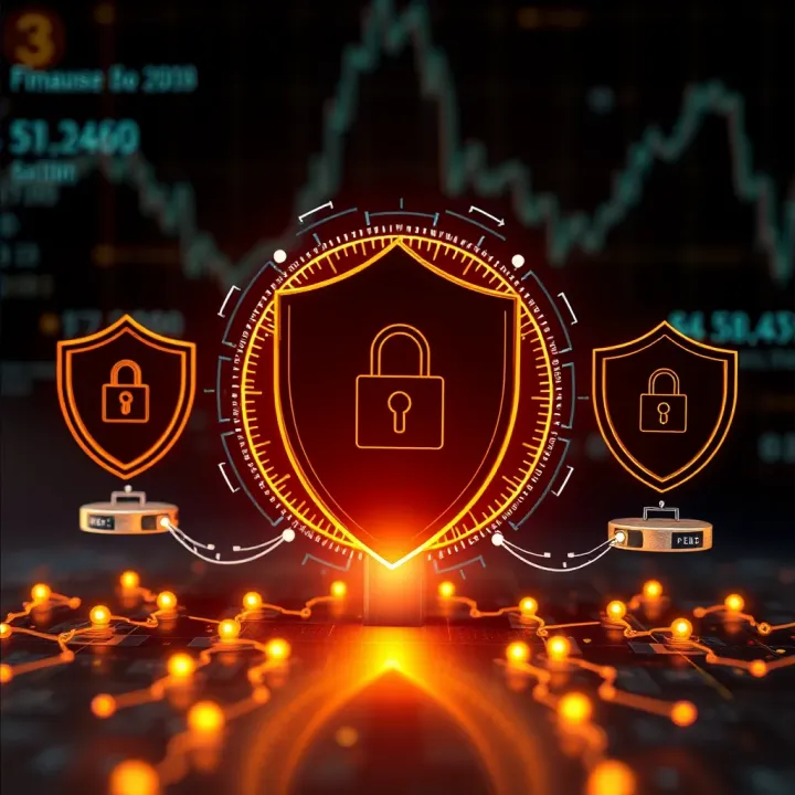 Illustration of secure online financial transactions with digital security symbols and shields