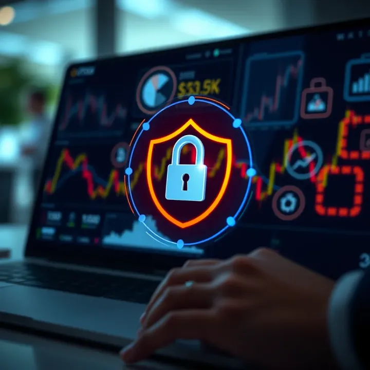 Secure online transaction process with digital security icons and financial graphs