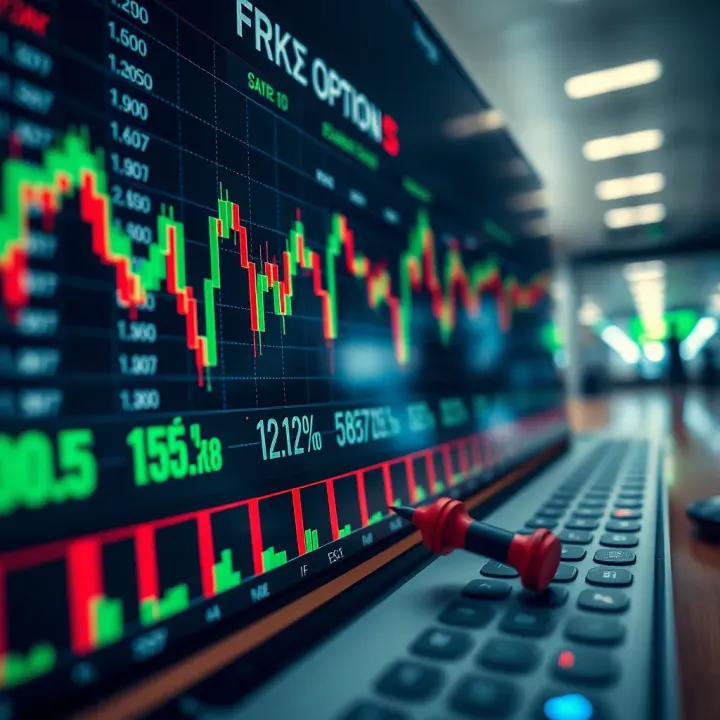 Chart with currency pairs and strategy icons showing risk management in forex options trading