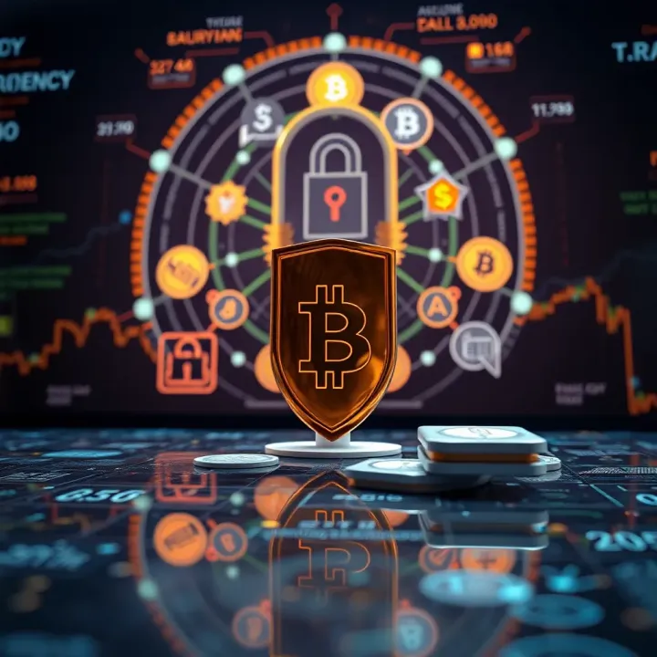 Illustration of secure cryptocurrency exchange platform with digital currency icons and data security symbols