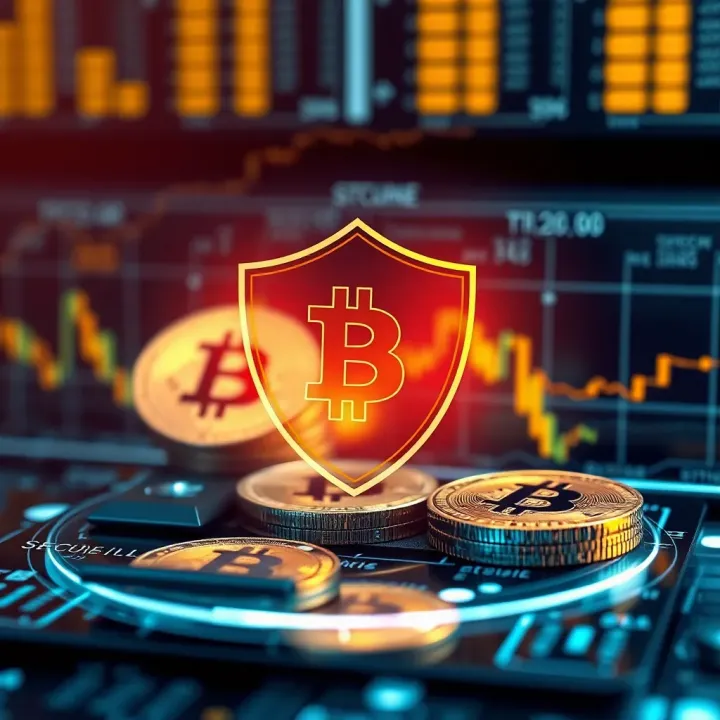Secure digital investment concept with cryptocurrency symbols and protective shield icon