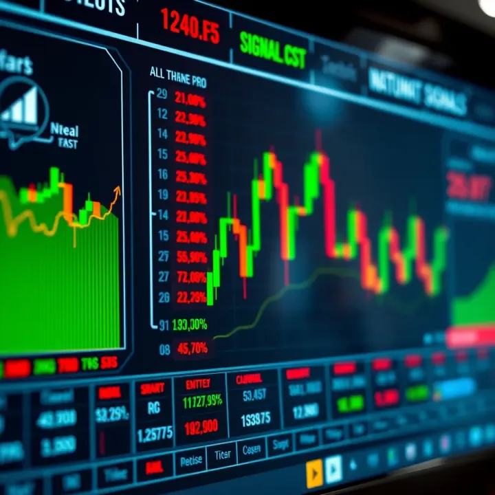 Illustration of various types of trading signals displayed on a digital interface with strategic annotations