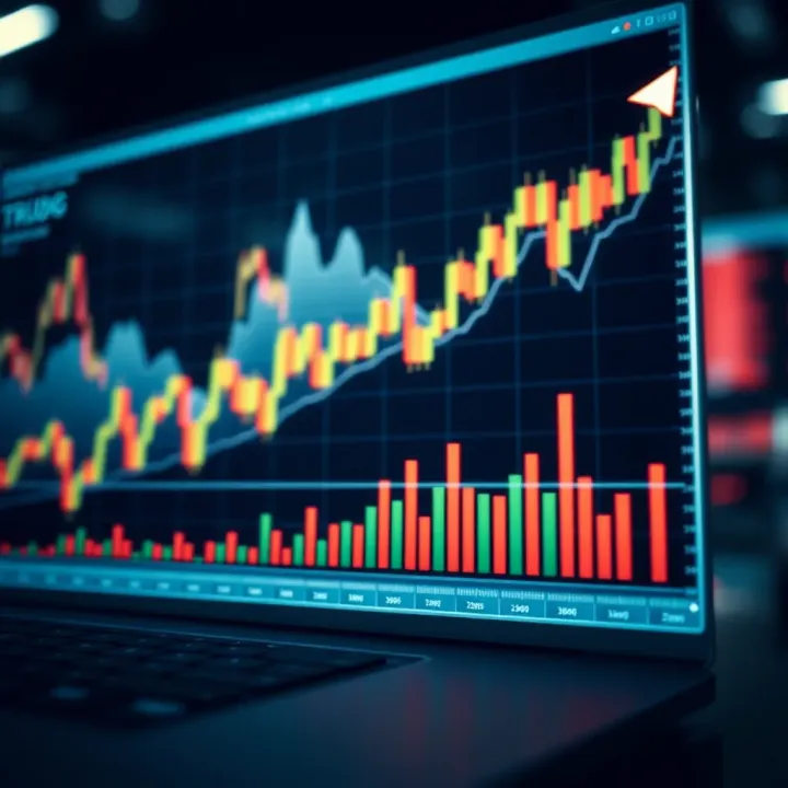 Graph showing upward trend with binary options trading indicators