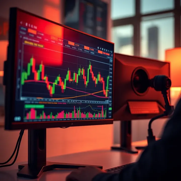 Close-up of a high-resolution monitor showing detailed financial graphs and ergonomic adjustable stand