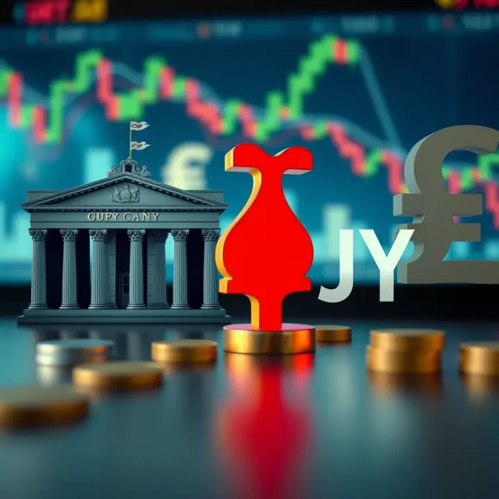 Illustration showing UK and Japan central banks with currency symbols and monetary policy icons