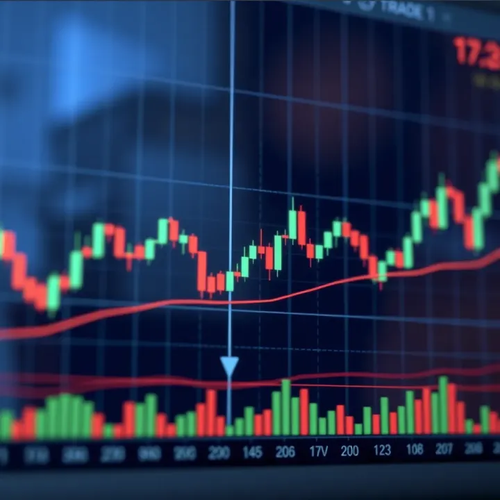 Graph showing binary trade market fluctuations with candlestick patterns and trend lines