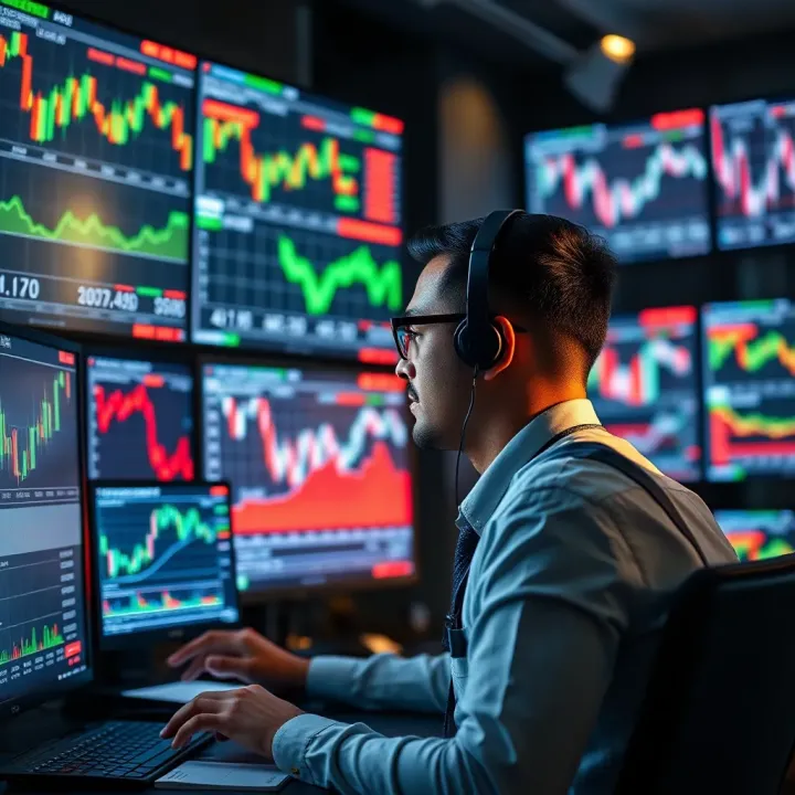 Financial trader analyzing market data on digital screens with charts and graphs