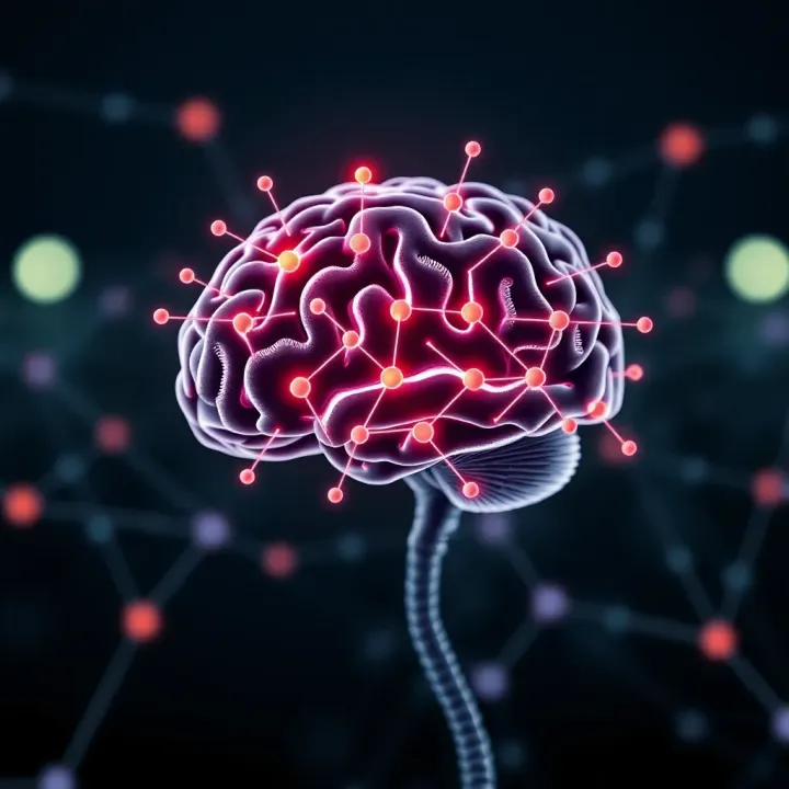 Conceptual illustration showing brain with interconnected nodes representing neuro-linguistic programming in investment decisions