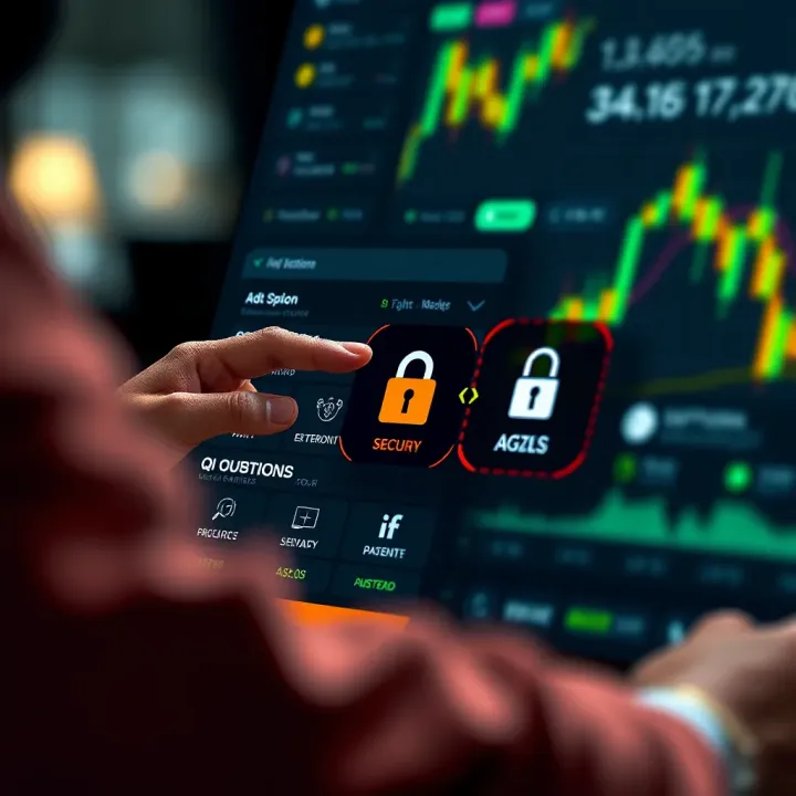 User navigating IQ Option app features with investment tools and security icons highlighted