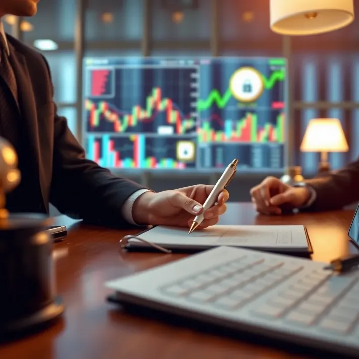 Conceptual illustration of secure financial investment with stock charts and regulatory compliance symbols